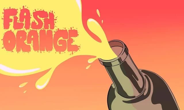 Étiquette Flash Orange : bouteille et éclaboussure de jus