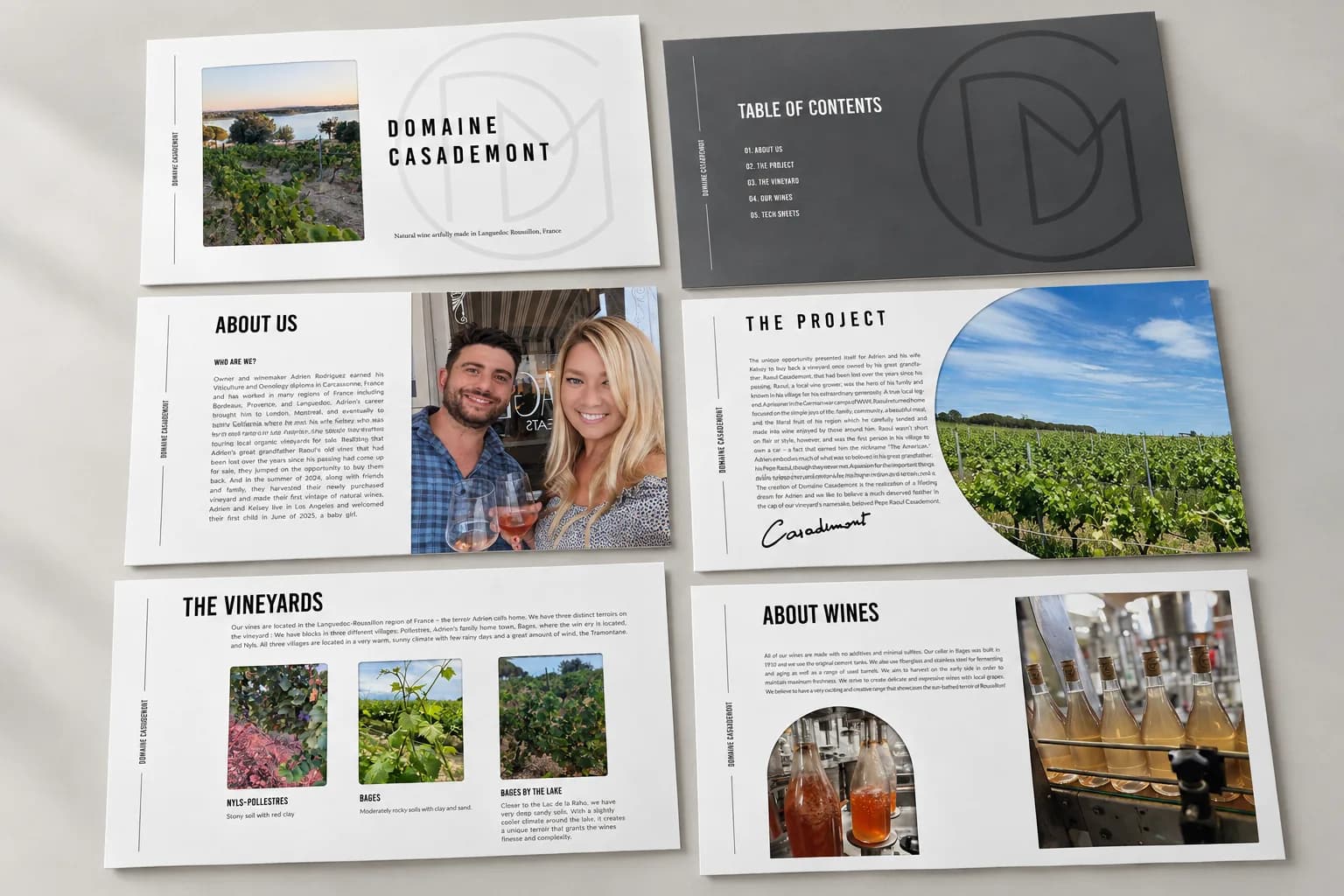 Mockup de la présentation commerciale du Domaine Casademont, six pages