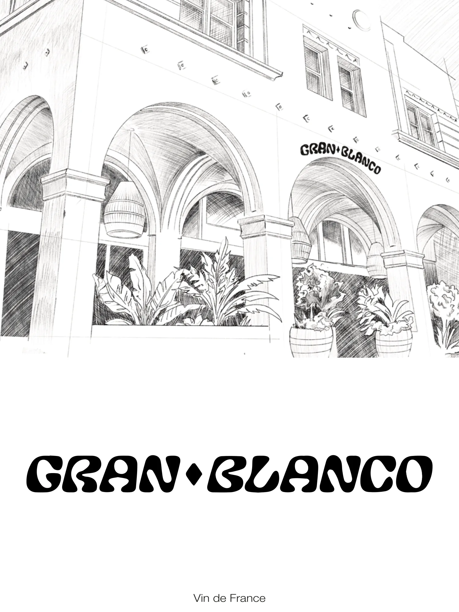 Étiquette Gran Blanco : la façade du restaurant dessinée au trait