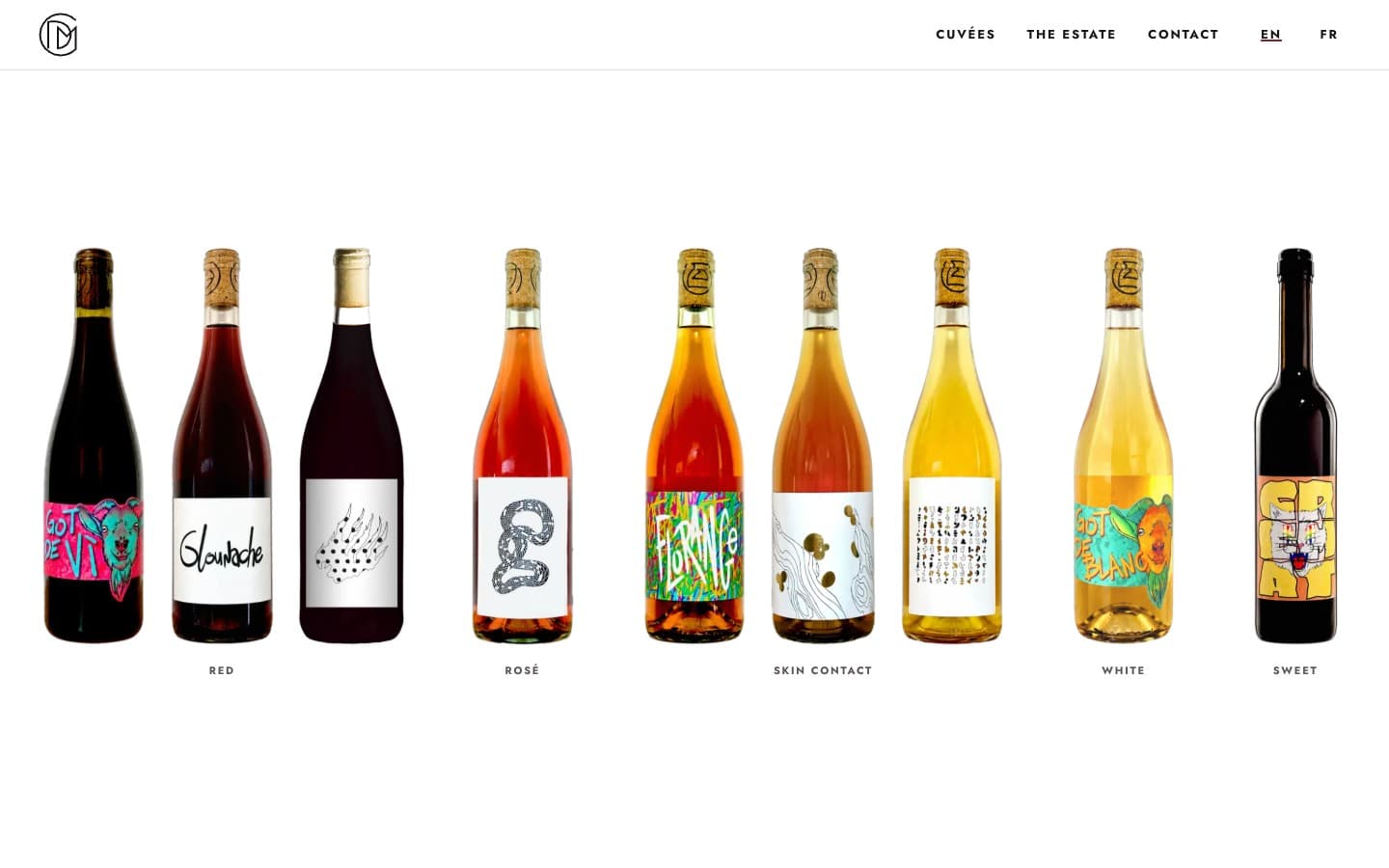 Section Cuvées du site Domaine Casademont : la gamme de bouteilles alignées