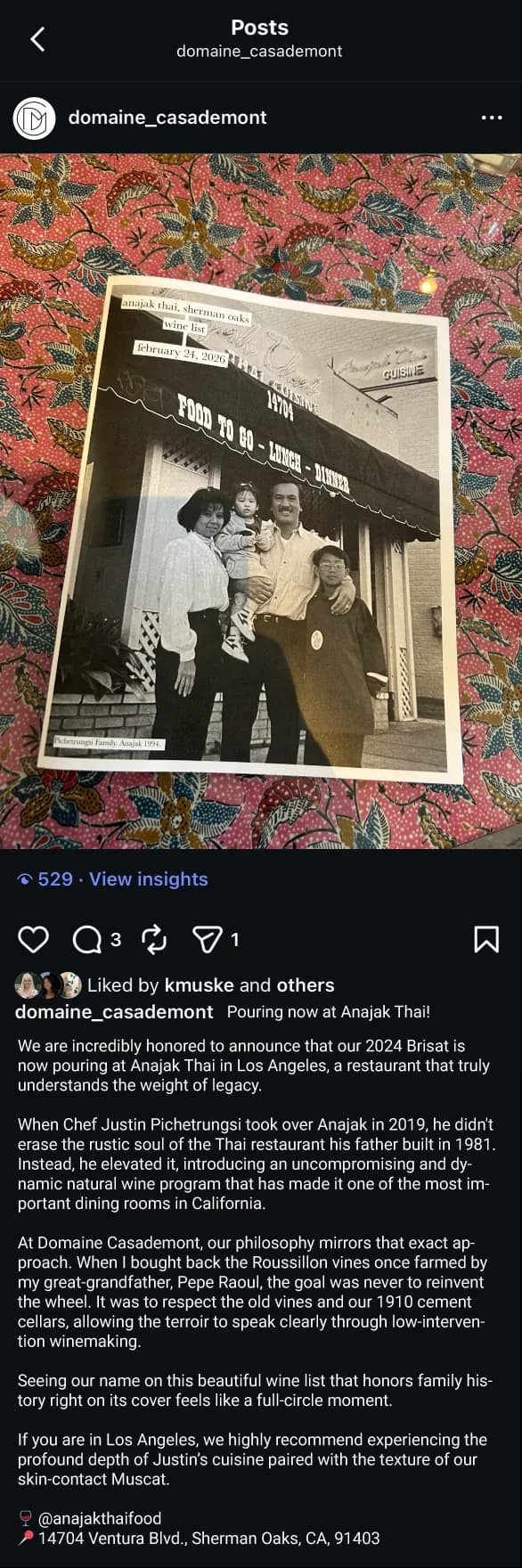 Post Instagram : le Brisat à la carte d’Anajak Thai, Los Angeles, avec la légende