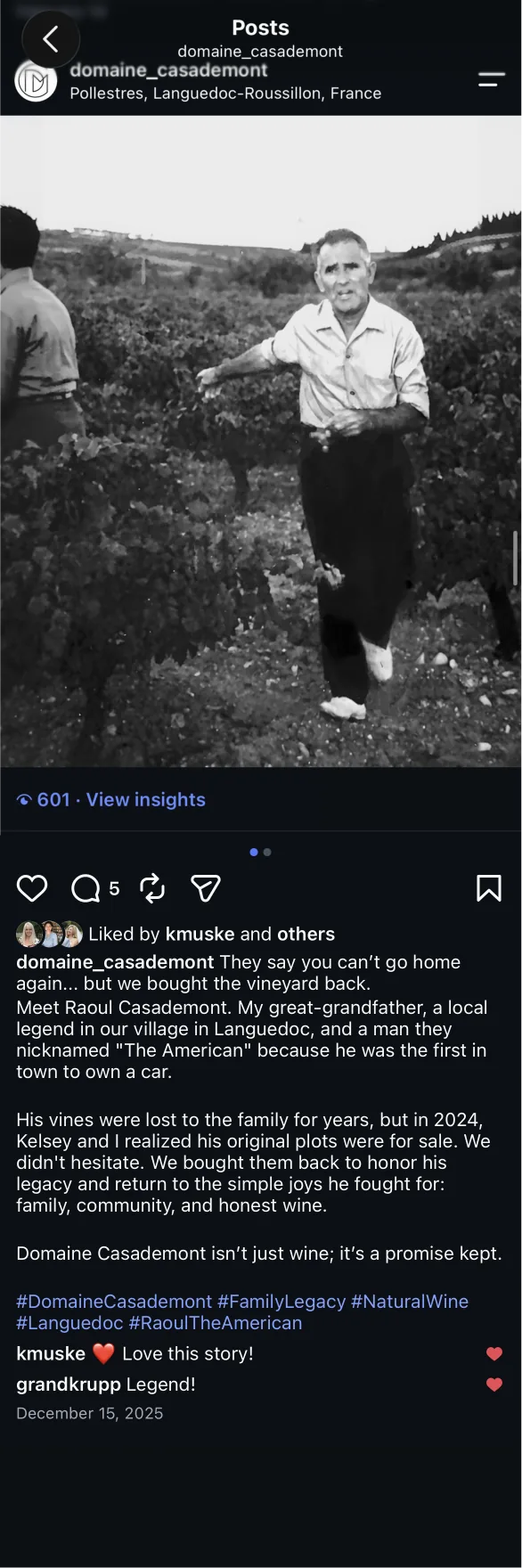 Post Instagram : photo d’archive de Raoul Casademont dans ses vignes, avec la légende